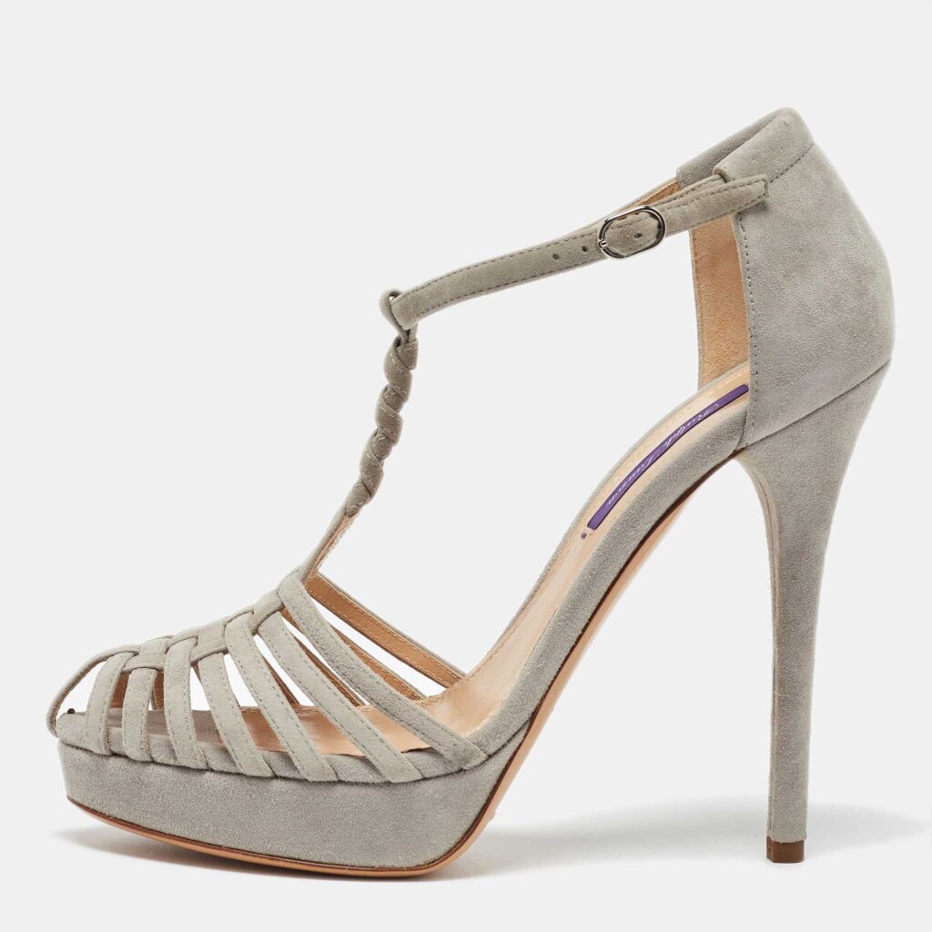 luxury-women-ralph-lauren-used-shoes-p1026361-003 Ralph Lauren Grey Suede Leather T Strap Platform Sandals Size 38.5