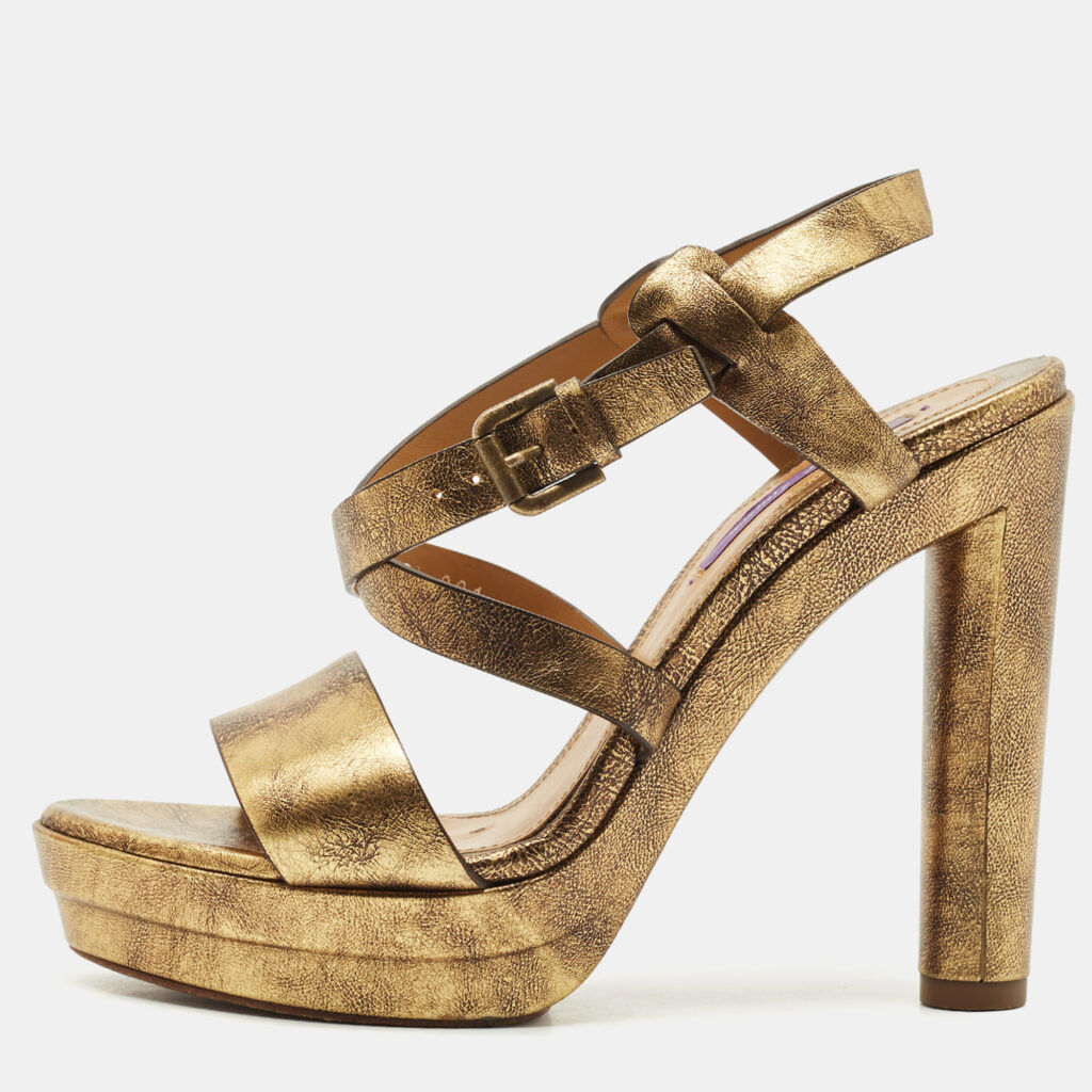 luxury-women-ralph-lauren-used-shoes-p1158584-001 Ralph Lauren Metallic Gold Leather Estrid Platform Ankle Strap Sandals Size 39.5