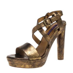 Ralph Lauren Two Tone Leather Estrid Platform Ankle Strap Sandals Size 39.5