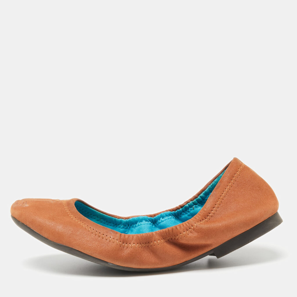 luxury-women-ralph-lauren-used-shoes-p632474-001-2 Ralph Lauren Tan Leather Embossed Logo Scrunch Ballet Flats Size 37