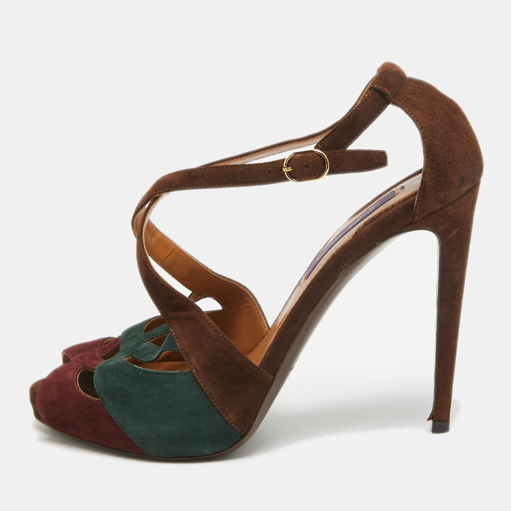 luxury-women-ralph-lauren-used-shoes-p972341-001 Ralph Lauren Tricolor Suede Cut Out Ankle Strap Sandals Size 38