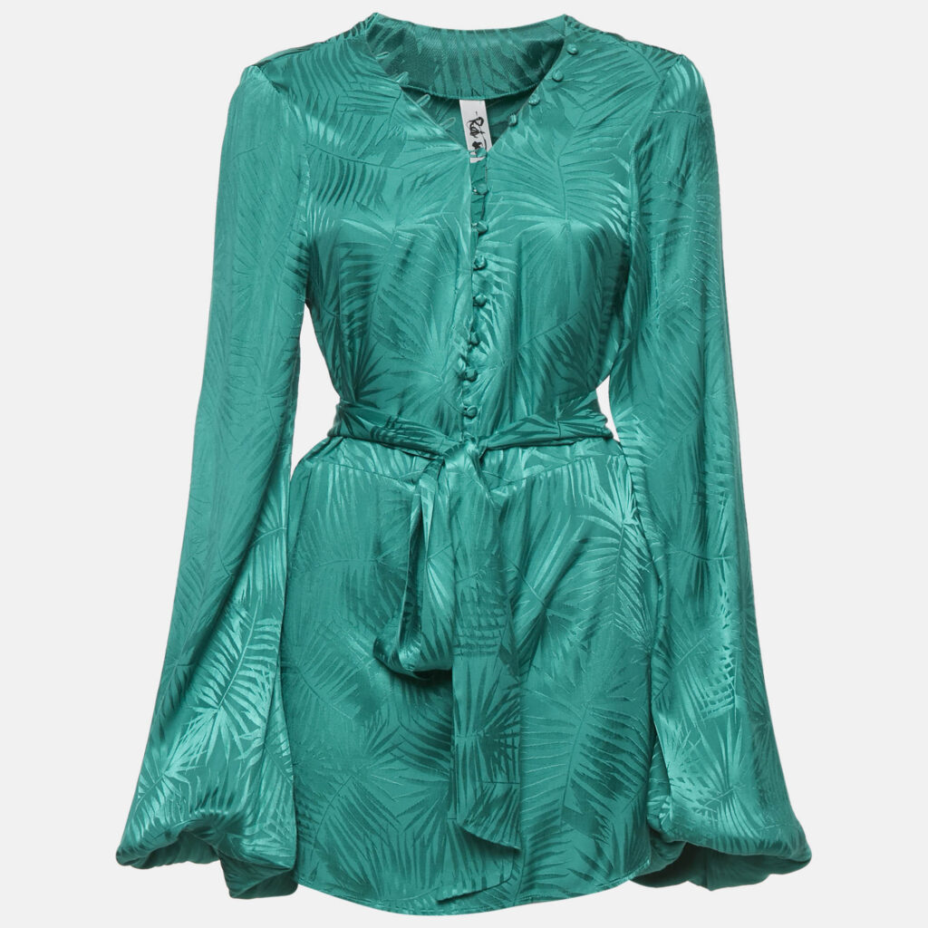 Rat & Bao Green Tropical Pattern Satin Mini Dress M