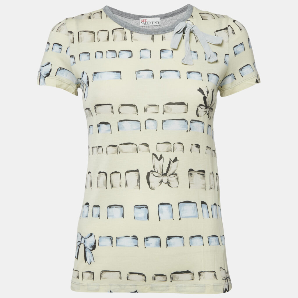 luxury-women-red-valentino-used-clothes-p1160048-005 RED Valentino Yellow/Grey Printed Modal Bow Detail Top S