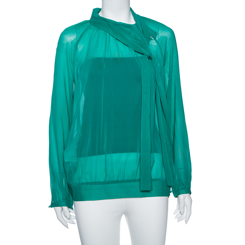 luxury-women-red-valentino-used-clothes-p493602-004 RED Valentino Teal Silk Topstitch Pleated Shoulder Detail Blouse M