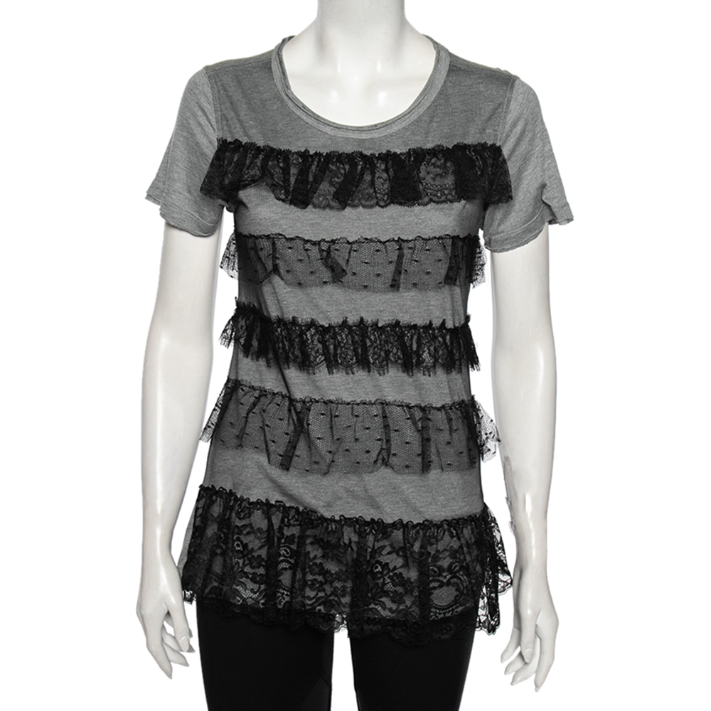 luxury-women-red-valentino-used-clothes-p499871-003 Red Valentino Grey Ruffled Lace and Jersey Short Sleeve T Shirt M