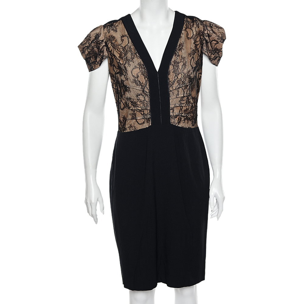 RED Valentino Black Lace & Crepe Paneled Midi Dress L