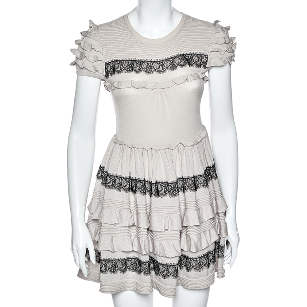 RED Valentino Beige Wool Lace Trim Ruffled Mini Dress M