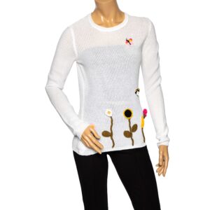 RED Valentino White Cotton Knit Floral Appliqued Long Sleeve Jumper M
