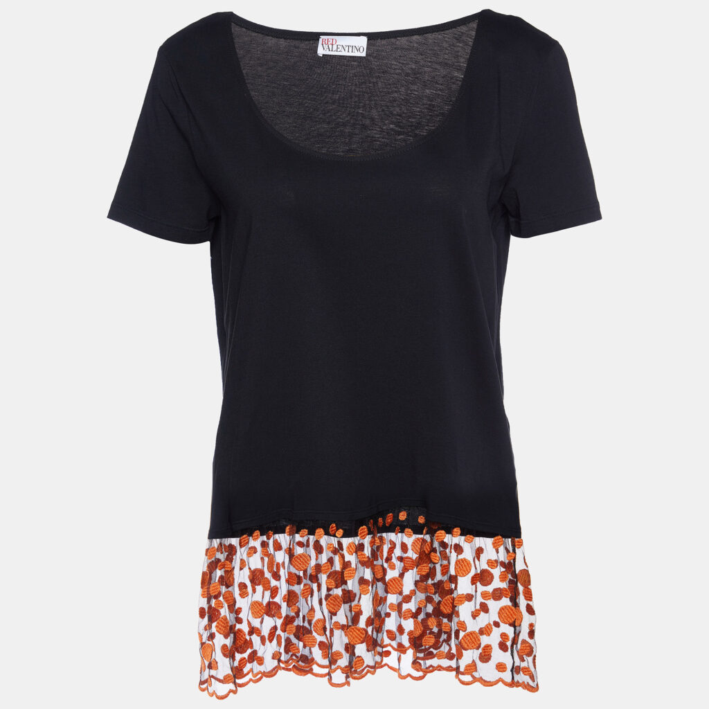 luxury-women-red-valentino-used-clothes-p886858-006 RED Valentino Black Cotton Knit & Embroidered Tulle Hem Top L