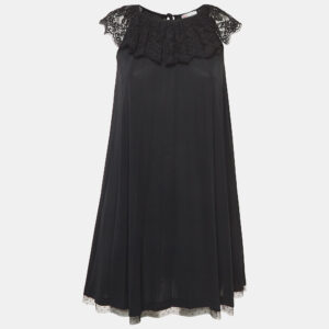 RED Valentino Black Pleated Jersey Lace Trim Mini Dress XS