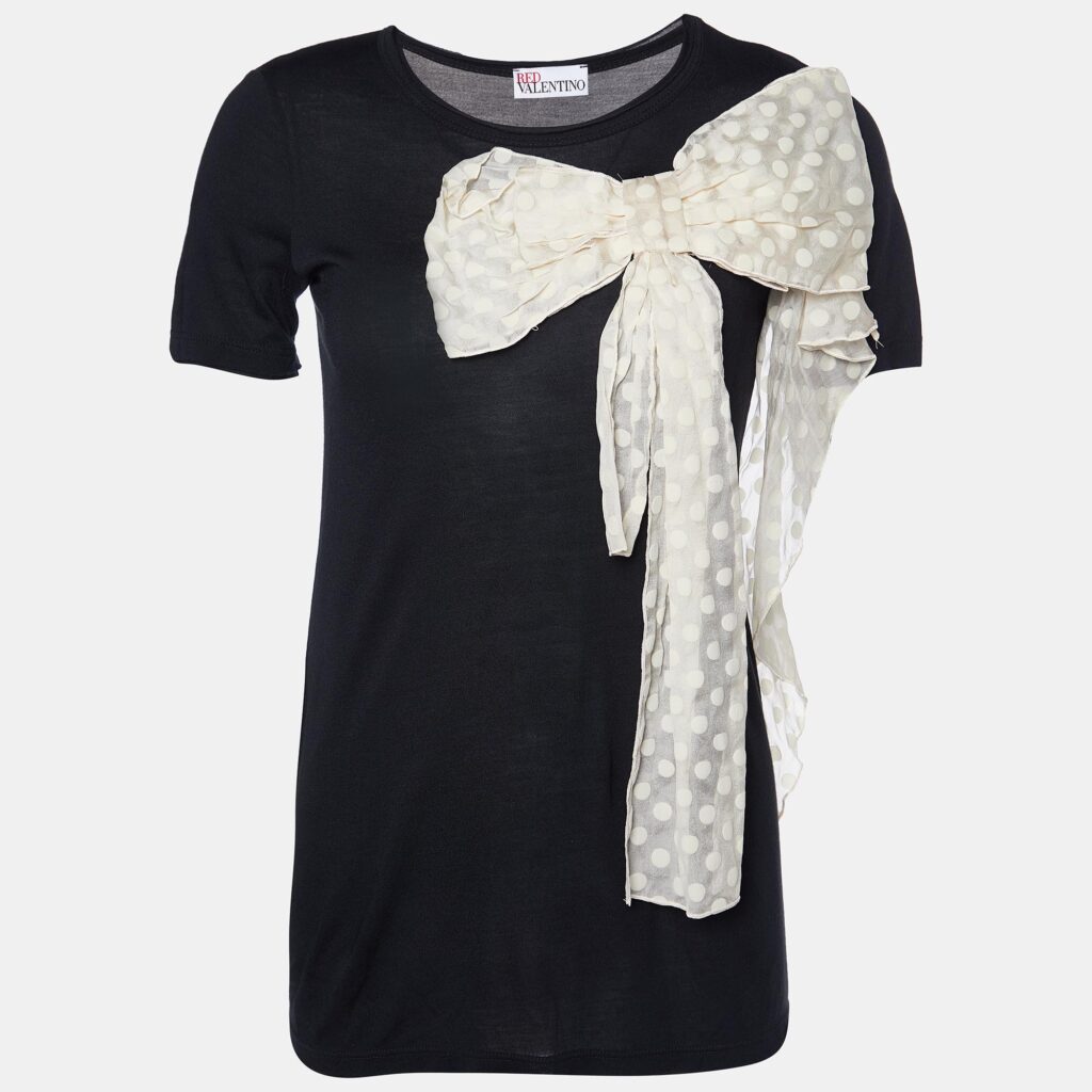 luxury-women-red-valentino-used-clothes-p963338-001 Red Valentino Black Jersey Contrast Bow Detail Raw Edged Top S