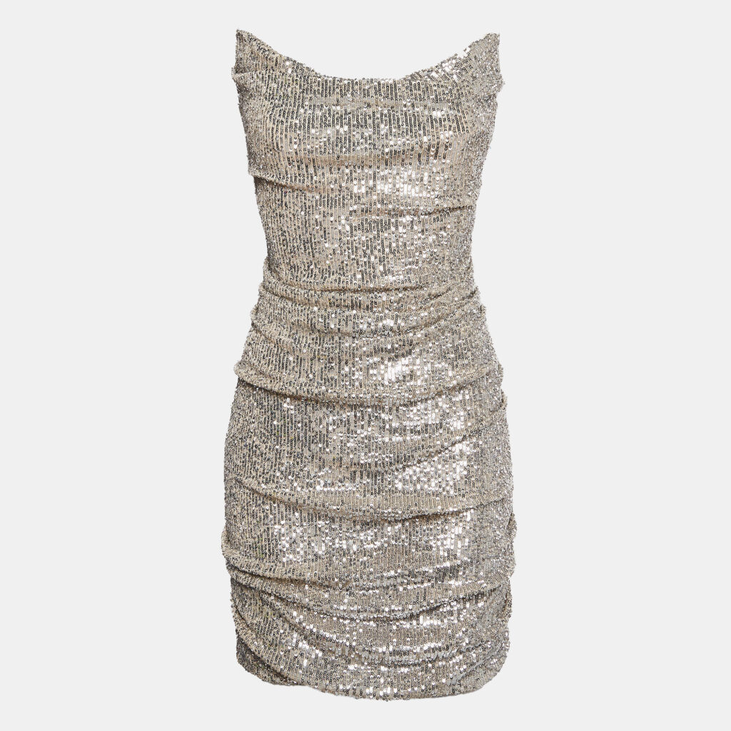 luxury-women-reem-acra-used-clothes-p1024458-002 Reem Acra Silver Sequin Ruche Strapless Mini Dress L