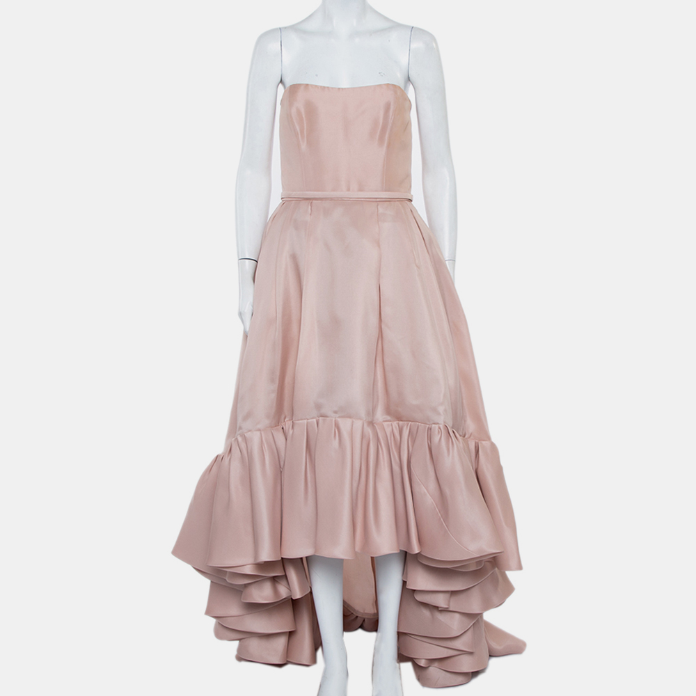 luxury-women-reem-acra-used-clothes-p438191-010 Reem Acra Pink Silk Ruffled Asymmetric Hem Strapless Gown M