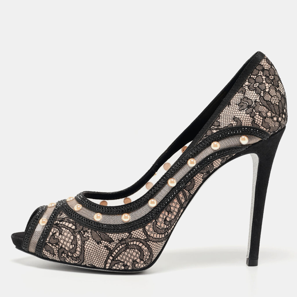luxury-women-rene-caovilla-new-shoes-p900029-012 René Caovilla Black Lace Pearls Embellished Platform Peep Toe Pumps Size 41