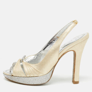 Ren&eacute; Caovilla Beige Glitter Nubuck Leather Crystal Embellished Slingback Sandals Size 36.5