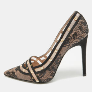 Ren&eacute; Caovilla Black/Pink Lace Studded Pointed Toe Pumps Size 38
