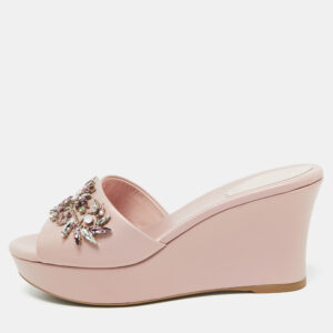 Ren&eacute; Caovilla Pink Leather Crystal Embellished Platform Wedge Sandals Size 36