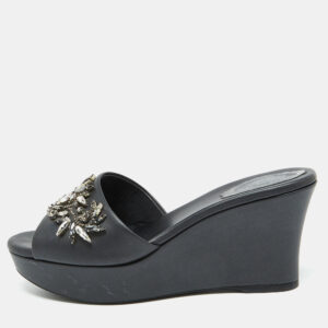 Ren&eacute; Caovilla Black Leather Crystal Embellished Platform Wedge Sandals Size 36