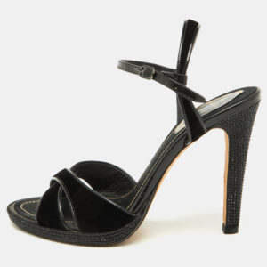 Ren&eacute; Caovilla Black Velvet and Patent Leather Ankle Strap Sandals Size 37