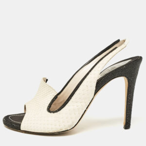 Ren&eacute; Caovilla White Python Crystal Embellished Slingback Sandals Size 39