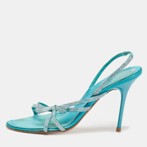 Ren&eacute; Caovilla Blue Satin Crystal Embellished Slingback Sandals Size 38.5