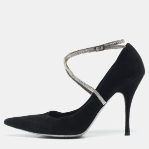 Ren&eacute; Caovilla Black Suede Crystal Embellished Ankle Wrap Pumps Size 38.5