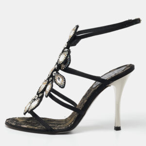 Ren&eacute; Caovilla Black Satin Crystals Embellished T-Strap Sandals Size 37