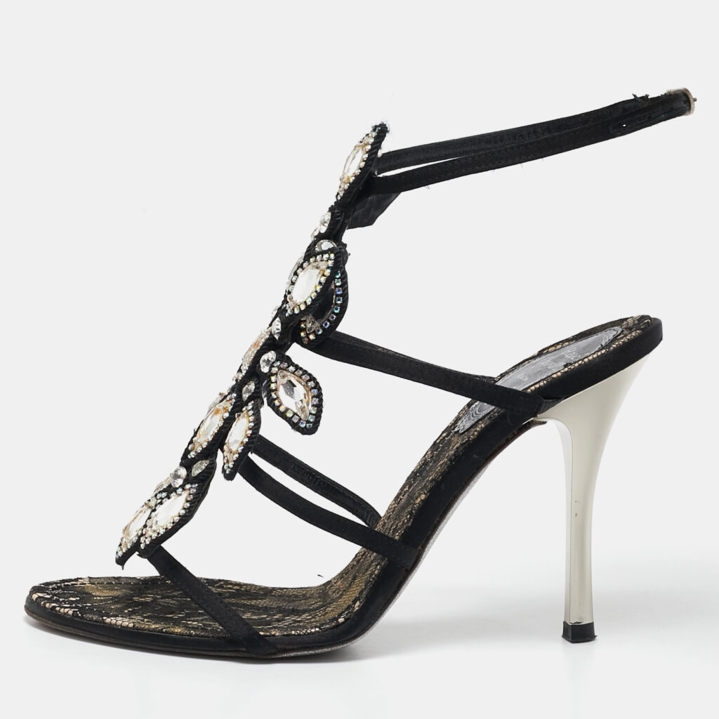 René Caovilla Black Satin Crystals Embellished T-Strap Sandals Size 37