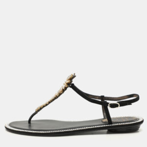 Ren&eacute; Caovilla Black Suede Crystal Embellished Thong Sandals Size 37