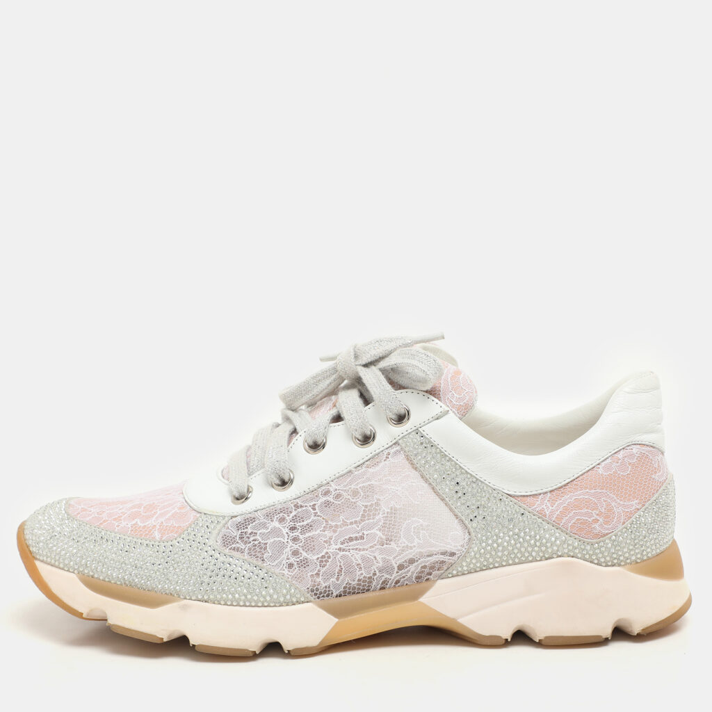 luxury-women-rene-caovilla-used-shoes-p1146202-008 René Caovilla Pink/White Lace and Leather Crystal Embellished Low Top Sneakers Size 37