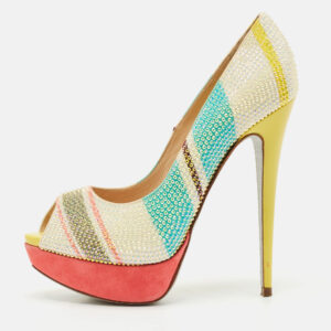 Ren&eacute; Caovilla Multicolor Suede Crystal Embellished Platform Peep Toe Pumps Size 37