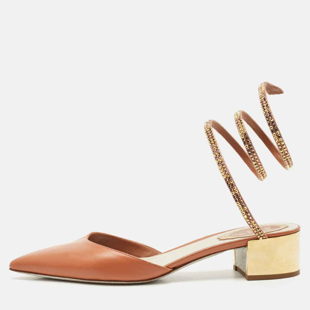 luxury-women-rene-caovilla-used-shoes-p1154589-003 René Caovilla Brown Leather Crystal Embellished Ankle Wrap Pumps Size 37