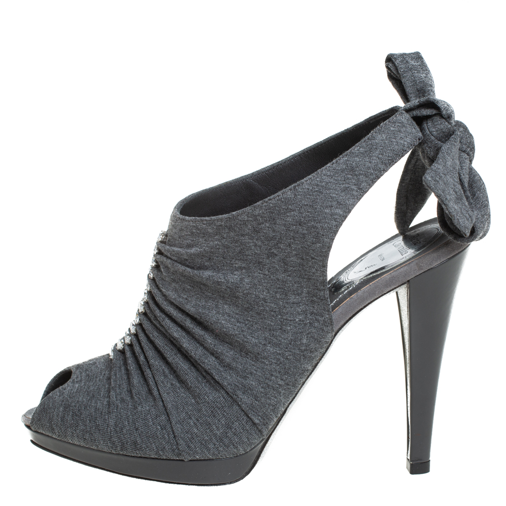 luxury-women-rene-caovilla-used-shoes-p405116-005 René Caovilla Grey Fabric Crystal Embellished Ankle Tie Slingback Sandals Size 38