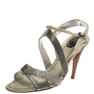 Ren&eacute; Caovilla Silver/Grey Embellished Satin And Glitter Nubuck Leather Ankle Strap Sandals Size 39.5