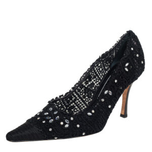 Ren&eacute; Caovilla Black Lace And Canvas Crystal Embellished Pumps Size 40