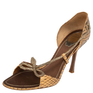 Ren&eacute; Caovilla Beige Python Leather Crystal Embellished Sandals Size 40.5