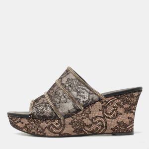 Ren&eacute; Caovilla Black Lace Crystal Embellished Wedge Sandals Size 41