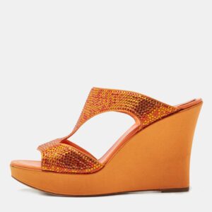 Ren&eacute; Caovilla Orange Satin Crystal Embellished Wedge Slides Size 41