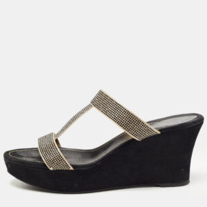 Ren&eacute; Caovilla Gold/Black Crystal Embellished Satin Platform Wedge Slide Sandals Size 41