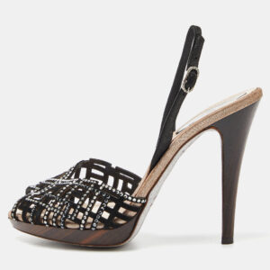 Ren&eacute; Caovilla Black Suede and Fabric Crystal Embellished Slingback Sandals Size 37.5