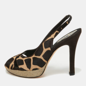 Ren&eacute; Caovilla Brown Calf Hair Embellished Slingback Sandals Size 40