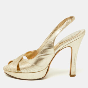 Ren&eacute; Caovilla Gold Pleated Leather Cross Strap Slingback Sandals Size 39