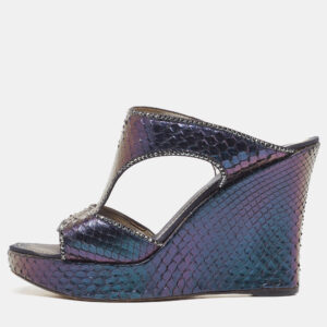 Ren&eacute; Caovilla Metallic Python Crystal Embellished Wedge Sandals Size 37
