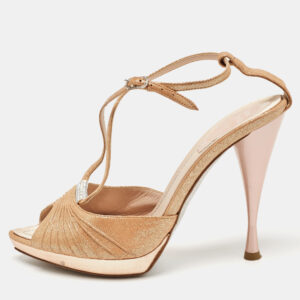 Ren&eacute; Caovilla Metallic Gold Fabric Ankle Strap Sandals Size 37.5