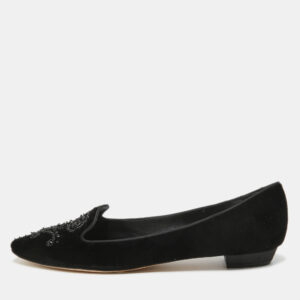 Ren&eacute; Caovilla Black Velvet Crystal Embellished Slip On Smoking Slippers Size 41