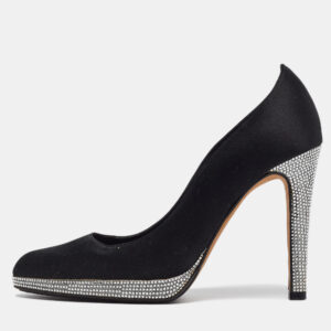 Ren&eacute; Caovilla Black Satin Crystal Embellished Platform Pumps Size 37