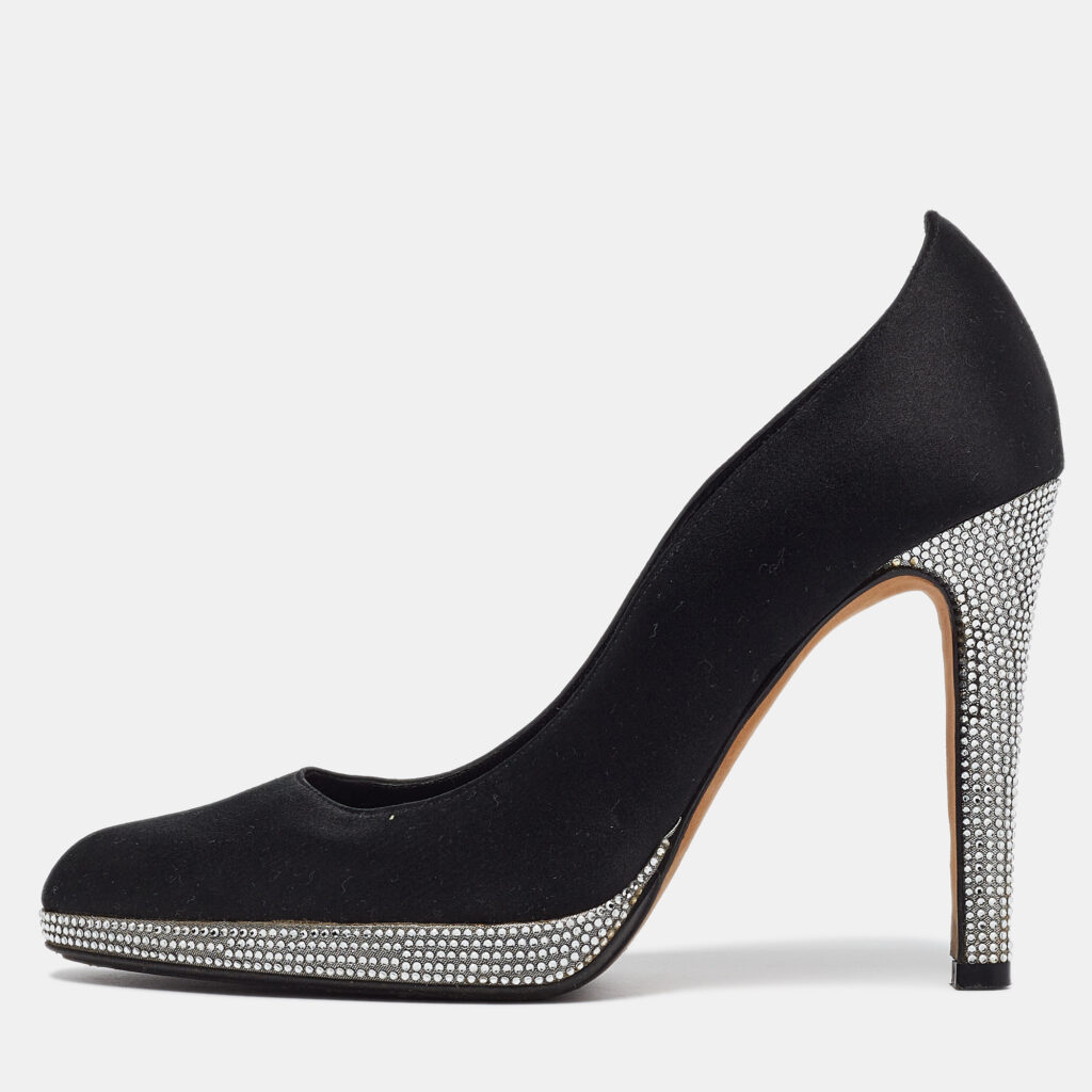luxury-women-rene-caovilla-used-shoes-p998882-001 René Caovilla Black Satin Crystal Embellished Platform Pumps Size 37