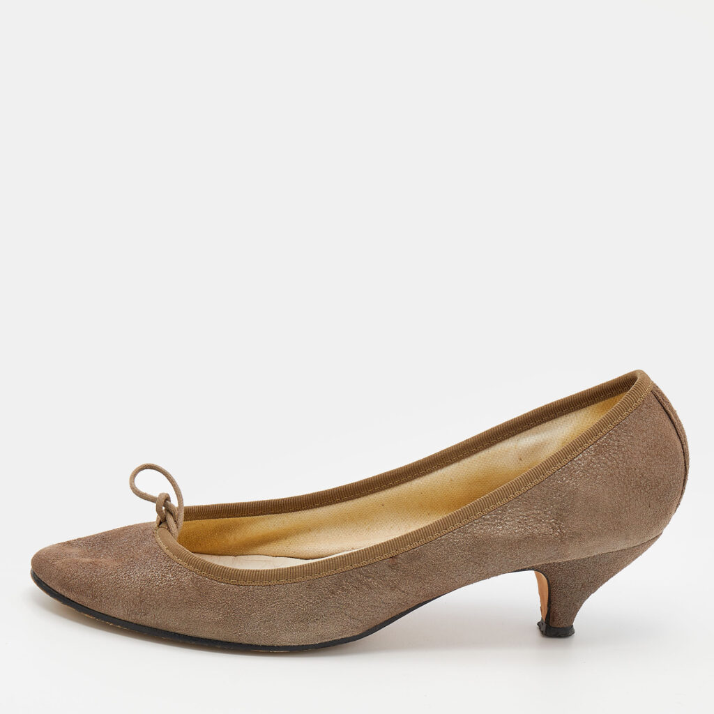 luxury-women-repetto-used-shoes-p668244-001-1 Repetto Khaki Suede Bow Detail Kitten Heel Pumps Size 41