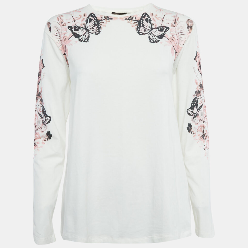 Roberto Cavalli White Printed Cotton T-Shirt XS