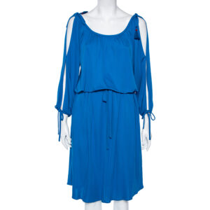 Roberto Cavalli Blue Jersey Cold Shoulder Tassel Tie Detailed Belted Dress M
